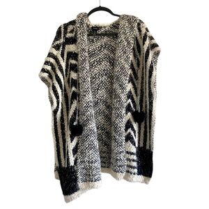 Aztec Print Hooded Poncho Cardigan Boho Western Open Front